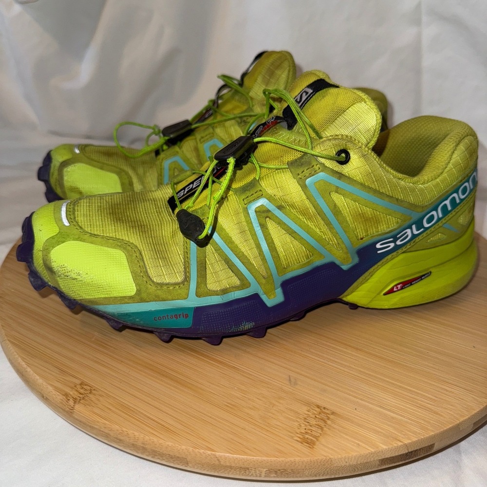 Salomon Speedcross 4‎ Women Neon Yellow Purple Trail Running Shoes Size 7